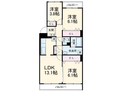 テレパレス柏てるて 南街区 1号棟(3LDK/2階)の間取り写真