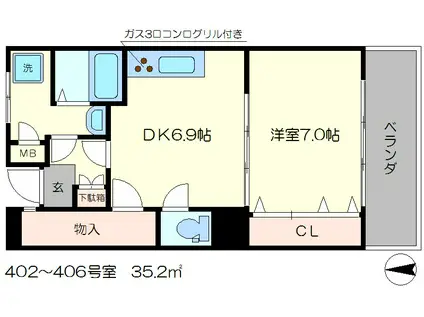 西院ハウス(1DK/3階)の間取り写真