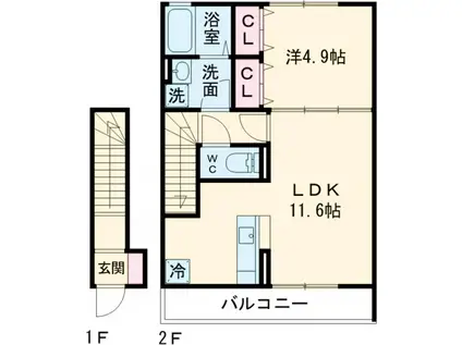 アビテ西新小岩Ⅱ(1LDK/2階)の間取り写真