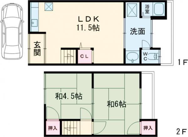 京福北野線 龍安寺駅 徒歩8分 2階建 築57年(2LDK)の間取り写真