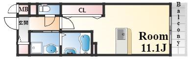 ROOMS六甲(1K/2階)の間取り写真