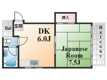 元町マンション(1DK/2階)の間取り写真