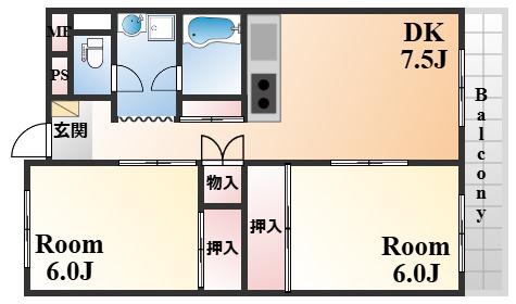 シャンボール岡本(2DK/4階)の間取り写真