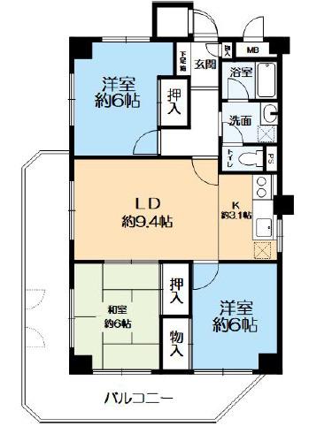 サニーハウス六甲台(3LDK/3階)の間取り写真