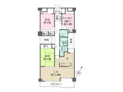 コート芦屋朝日ヶ丘(3LDK/4階)の間取り写真