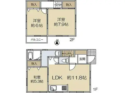 阪急電鉄神戸線 芦屋川駅 徒歩7分 2階建 築45年(3LDK)の間取り写真