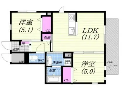 GRAND MASTER六甲道(2LDK/1階)の間取り写真