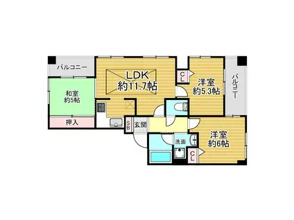 ワコーレアーバンフラッツ三宮東(3LDK/7階)の間取り写真