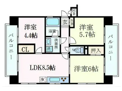 セントラルハイツ三宮東(3LDK/6階)の間取り写真