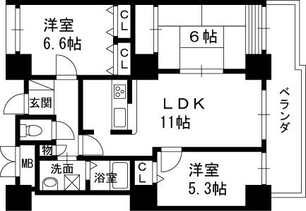 ファインビュ—西宮(2LDK/11階)の間取り写真