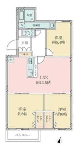 阪神電鉄武庫川線 武庫川団地前駅 徒歩4分 5階建 築52年(3LDK/3階)の間取り写真
