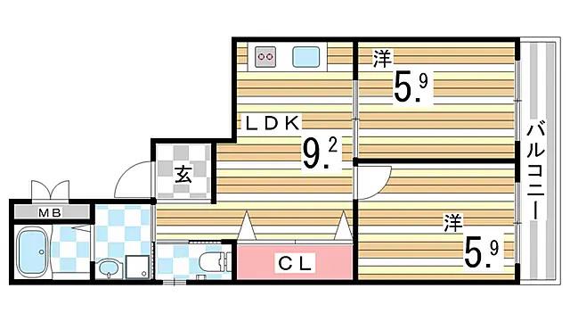 パレス湊川(2LDK/4階)の間取り写真