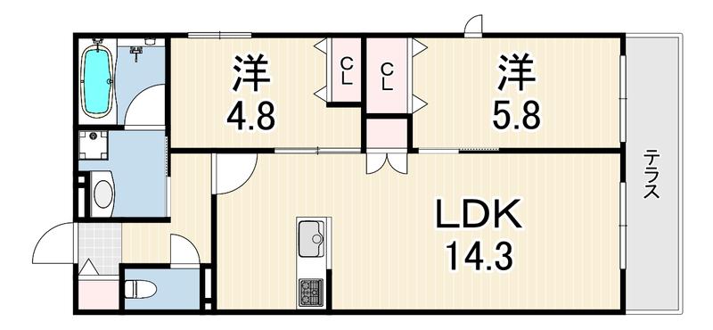 HEBEL MAISON 甲東園(2LDK/2階)の間取り写真