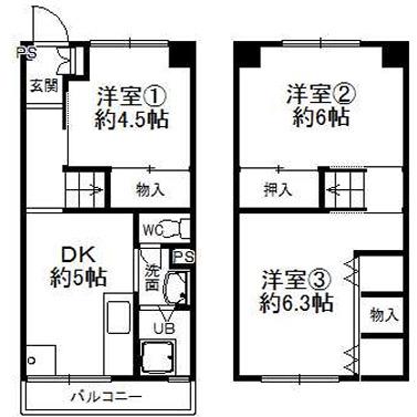 鶴甲コーポ 1号棟 - 34号棟(3DK/3階)の間取り写真