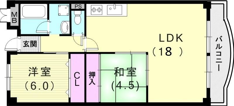 荒神山マンション(2LDK/6階)の間取り写真