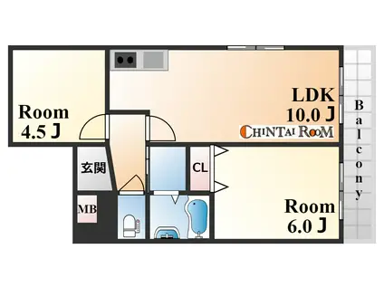 ラムール花隈(2LDK/2階)の間取り写真