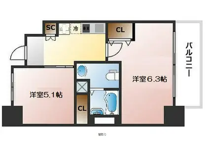 エステムプラザ難波イースト2ブレスト(1SK/13階)の間取り写真