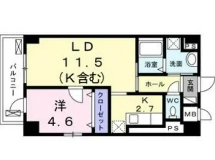 ウエスト宮ノ下(1LDK/6階)の間取り写真