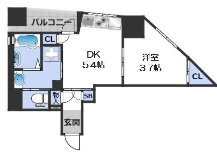 オリエンタル南堀江(1DK/9階)の間取り写真