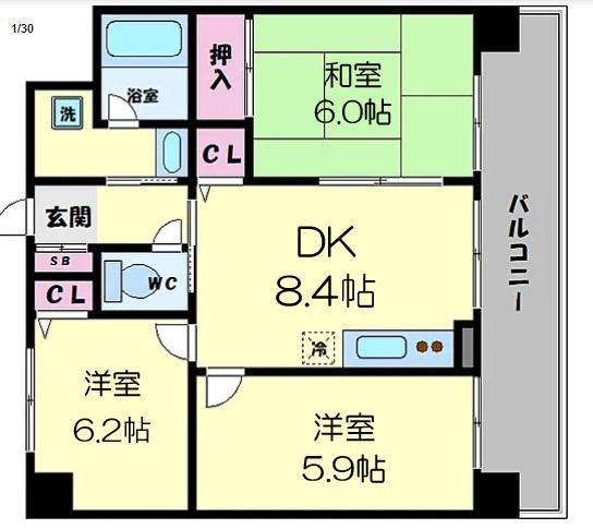 シャリテ今里(3DK/9階)の間取り写真