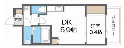 ラシュレエグゼ夕陽丘(1DK/6階)の間取り写真