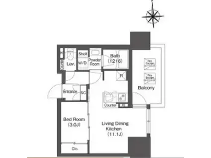 コンフォリア・リヴ本町ウエストQ(1LDK/14階)の間取り写真