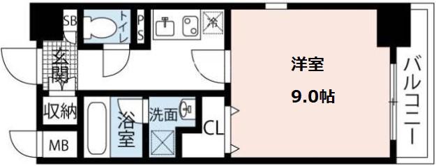 COCORO-ウエスト(1K/9階)の間取り写真