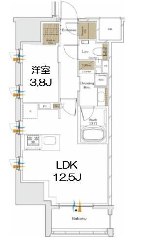 ザ・パークハビオ谷町六丁目クロス(1LDK/6階)の間取り写真