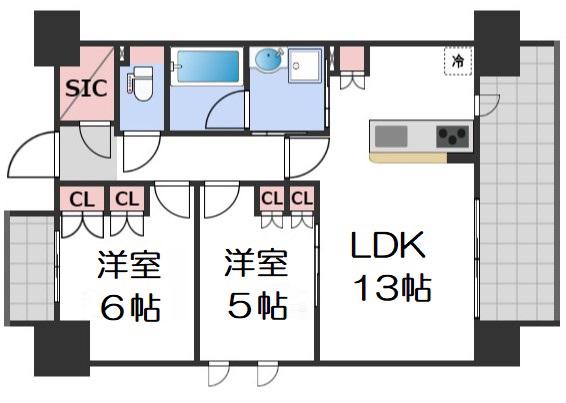 SK RESIDENCES SHINSAIBASHI(2LDK/7階)の間取り写真