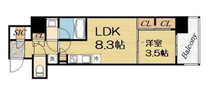 BPRレジデンス大阪本町Q(1LDK/8階)の間取り写真