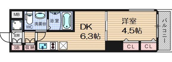 TLRレジデンス本町ウエスト(1DK/8階)の間取り写真