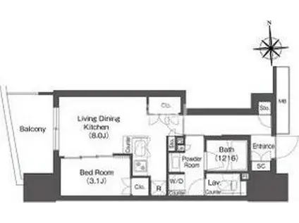 コンフォリア・リヴ本町ウエストQ(1LDK/14階)の間取り写真