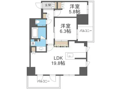 ジオタワー新町(2LDK/12階)の間取り写真
