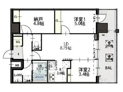 GRAND LUCE(2SLDK/9階)の間取り写真