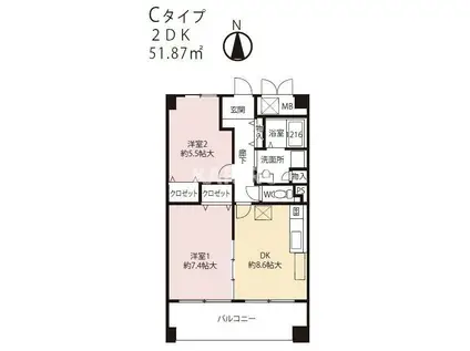 プラシード大宮(2LDK/3階)の間取り写真