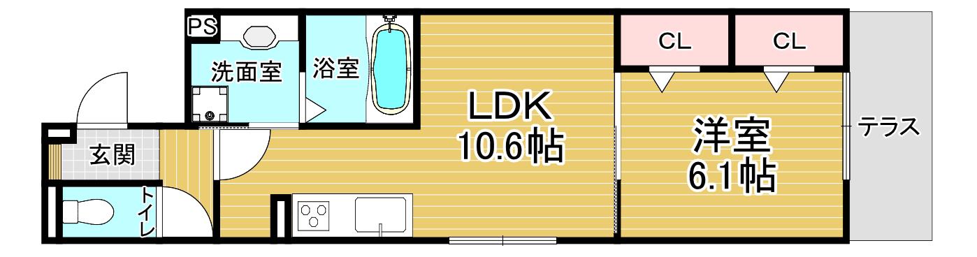 太秦レジデンスE棟(1LDK/1階)の間取り写真