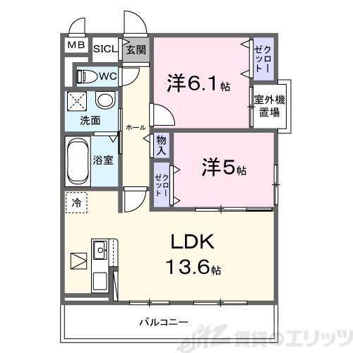 ブリオ安満 A棟(2LDK/1階)の間取り写真