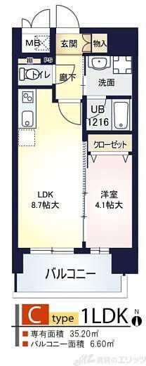 ルーヴェンブルン豊津(1LDK/6階)の間取り写真