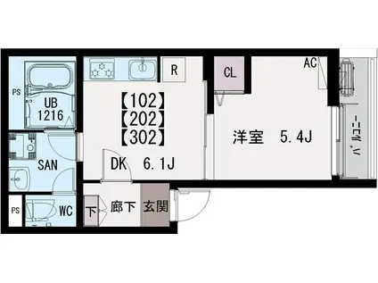 イクシオ熊野前駅(1DK/1階)の間取り写真