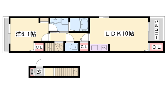 ヴァンベール田寺B(1LDK/2階)の間取り写真