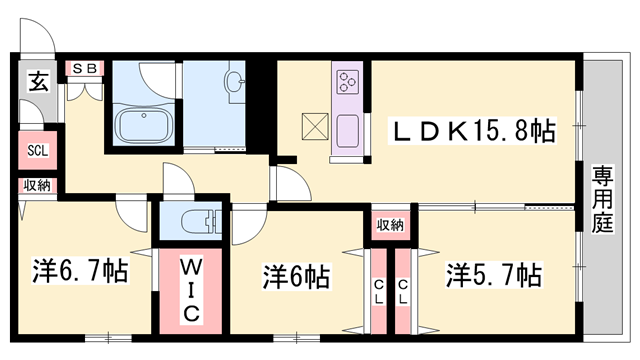 オカバ姫路青山シャーメゾン(3LDK/1階)の間取り写真