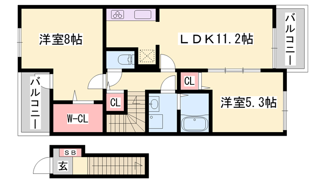 パレ ドゥールB(2LDK/2階)の間取り写真