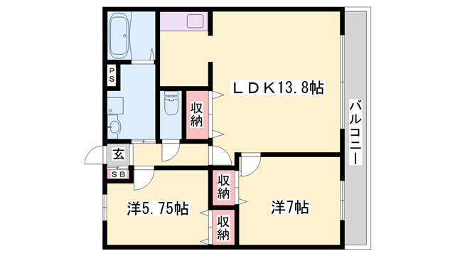 ウエストリバーB棟(2LDK/1階)の間取り写真