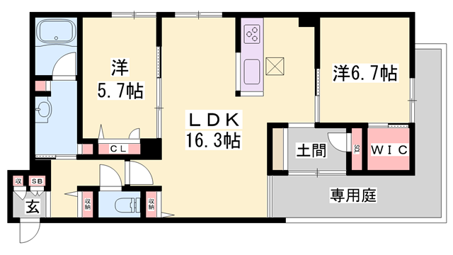 シャーメゾングラン今在家(2LDK/1階)の間取り写真