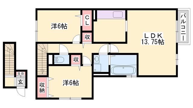 グランピーノ平松 B棟(2LDK/2階)の間取り写真