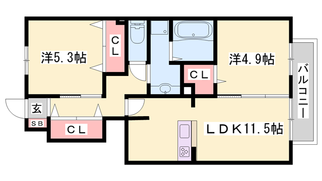 ローヤルヴィラ勝原(2LDK/1階)の間取り写真