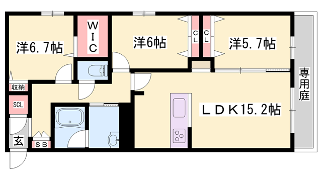 オカバ姫路岡町シャーメゾン(3LDK/1階)の間取り写真
