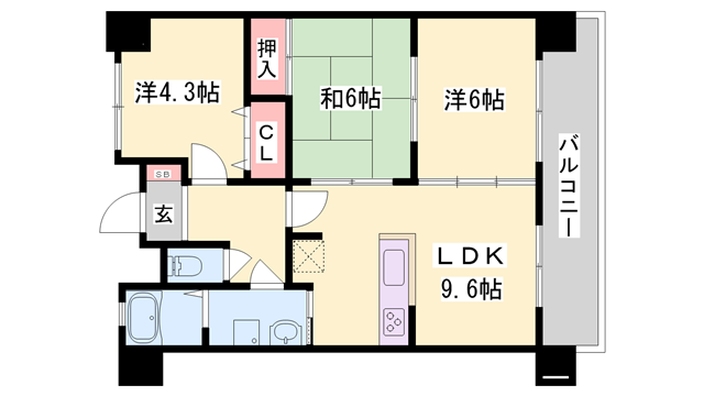 朝日プラザ姫路城南サバーブ(3LDK/6階)の間取り写真