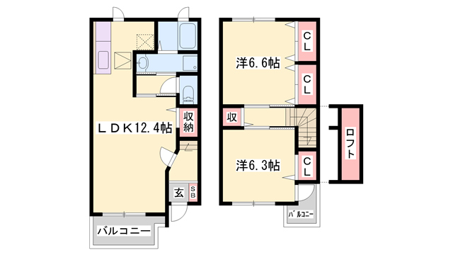 マリオンB棟(2LDK/1階)の間取り写真