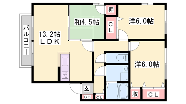 サンアベニュー田寺 2(3LDK/2階)の間取り写真